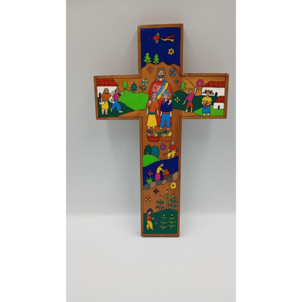 Hand Painted Wooden  El Salvadorian Wall Cross Christ Of The Community Folk Art